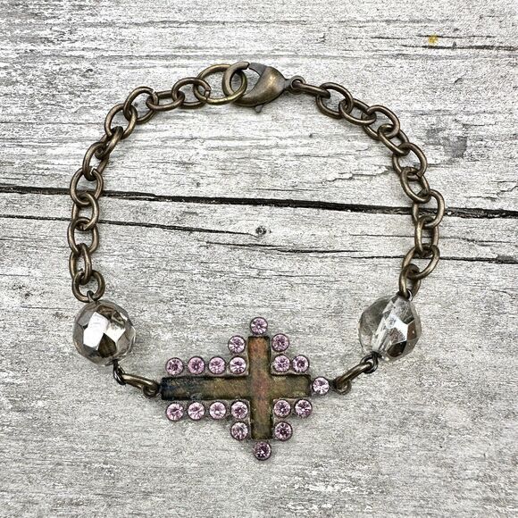 Brass Cross Bracelet Pink Rhinestone Glass Bead Chain Gothic Vintage Style 8” - Picture 2 of 5